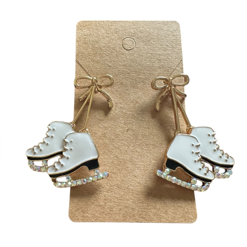 Gold and White Rhinestone Accented Ice Skate Drop Style Earrings